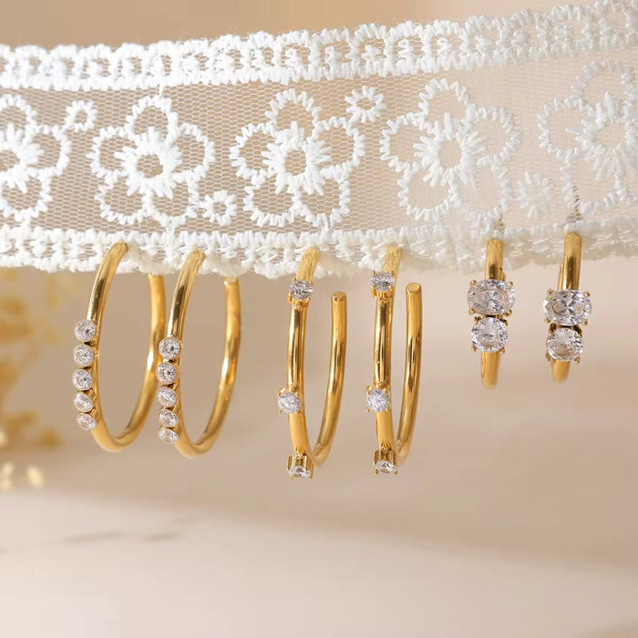 18K Real Gold-Plated Stainless-Steel Classic CZ Hoop Earrings for Women