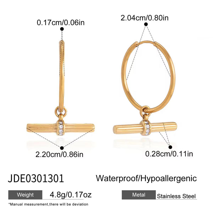 18K Real Gold-Plated Stainless-Steel Luxurious T-Bar Drop Earrings for Women