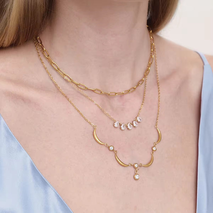 18K Real Gold-Plated Stainless-Steel Classic Bezel Setting Moon Wave Necklace for Women