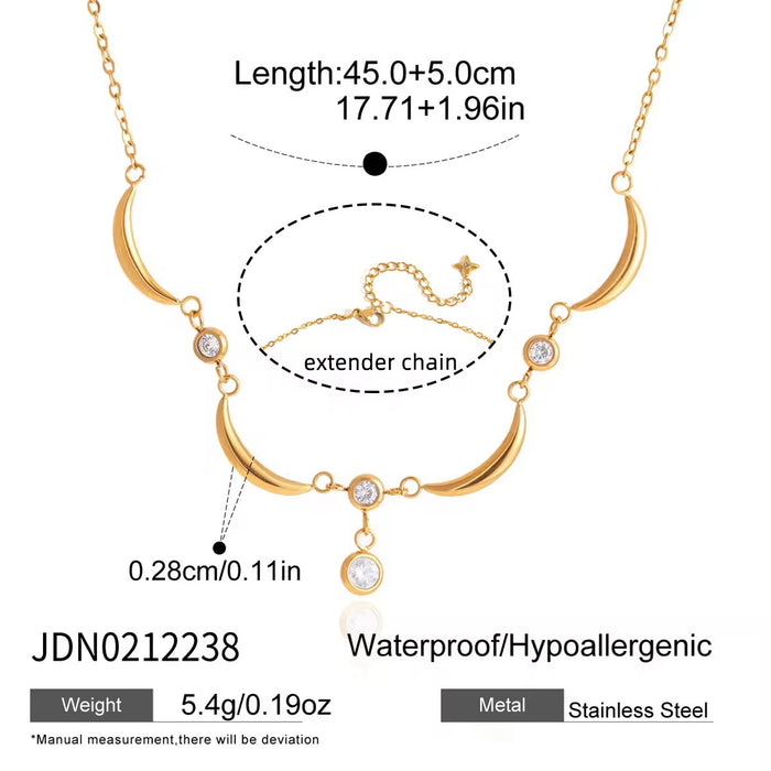 18K Real Gold-Plated Stainless-Steel Classic Bezel Setting Moon Wave Necklace for Women