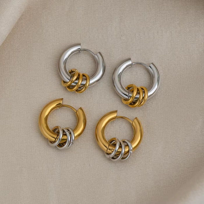 18K Real Gold-Plated Stainless-Steel Trendy Two Tone Circle Earrings for Women