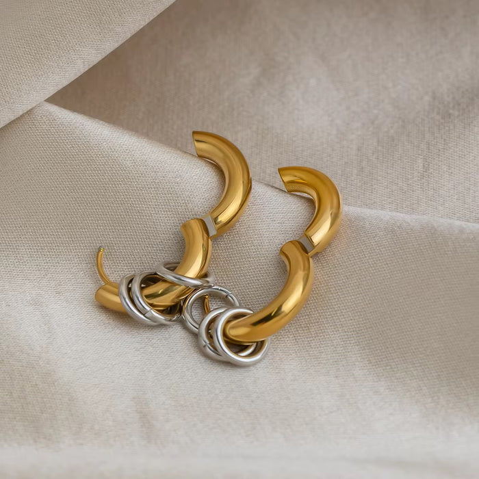 18K Real Gold-Plated Stainless-Steel Trendy Two Tone Circle Earrings for Women