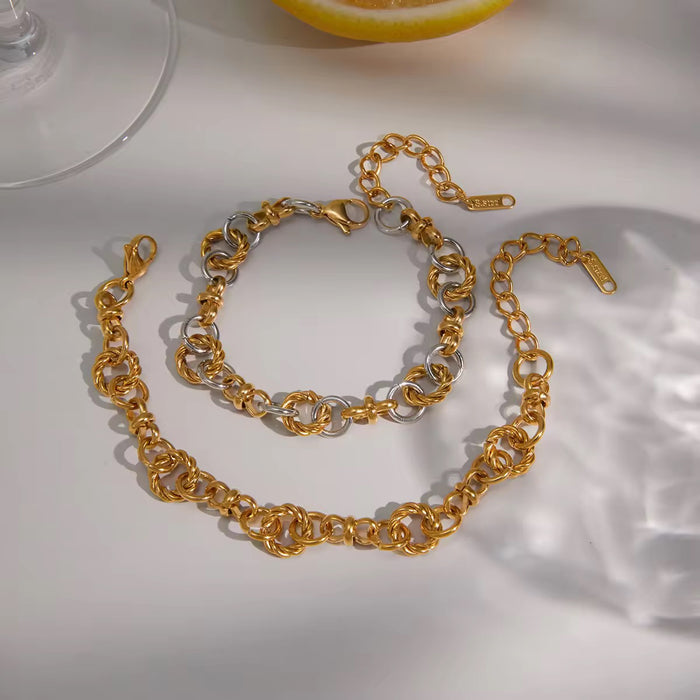 18K Real Gold-Plated Stainless-Steel Classic Gold and Silver Blocked Multi-Ring Winding Chain Bracelet for Women
