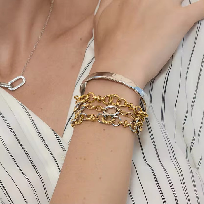 18K Real Gold-Plated Stainless-Steel Classic Gold and Silver Blocked Multi-Ring Winding Chain Bracelet for Women