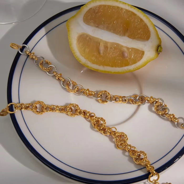 18K Real Gold-Plated Stainless-Steel Classic Gold and Silver Blocked Multi-Ring Winding Chain Bracelet for Women