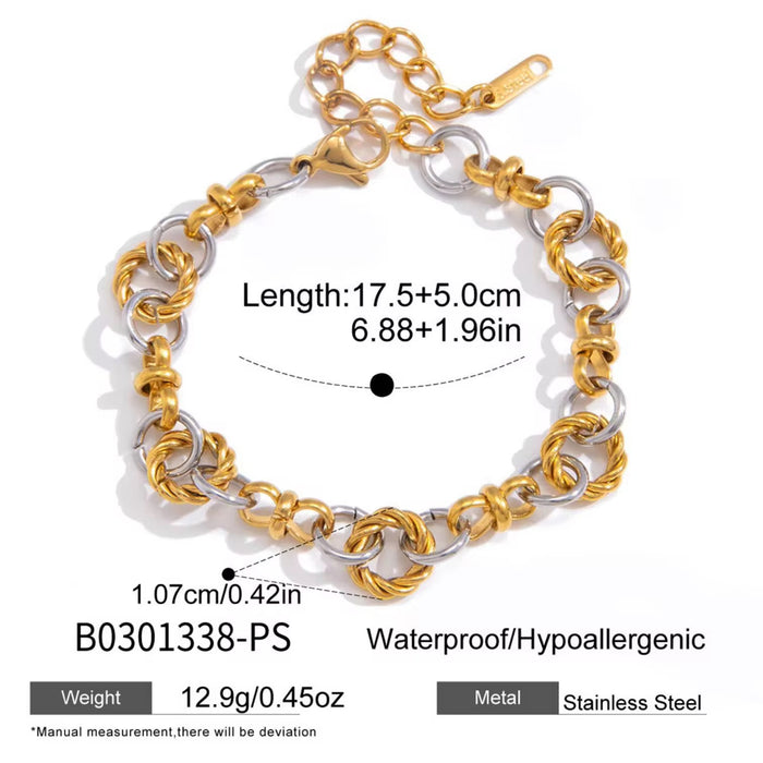 18K Real Gold-Plated Stainless-Steel Classic Gold and Silver Blocked Multi-Ring Winding Chain Bracelet for Women