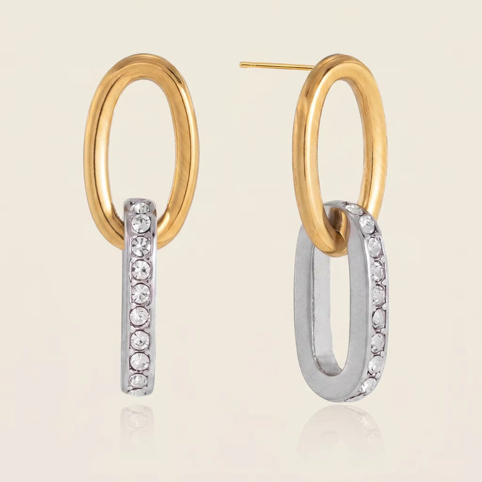 18K Real Gold-Plated Stainless-Steel Crystal Geometric Mixed Color Earrings for Women