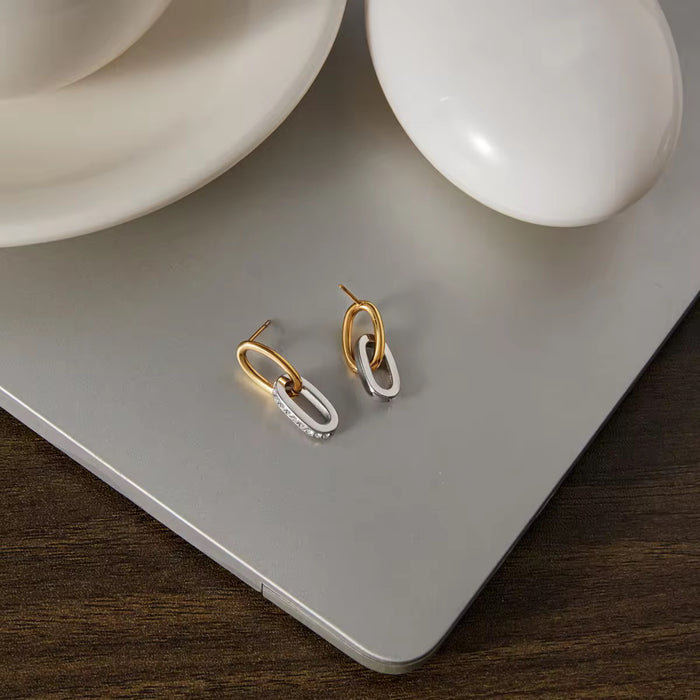 18K Real Gold-Plated Stainless-Steel Crystal Geometric Mixed Color Earrings for Women