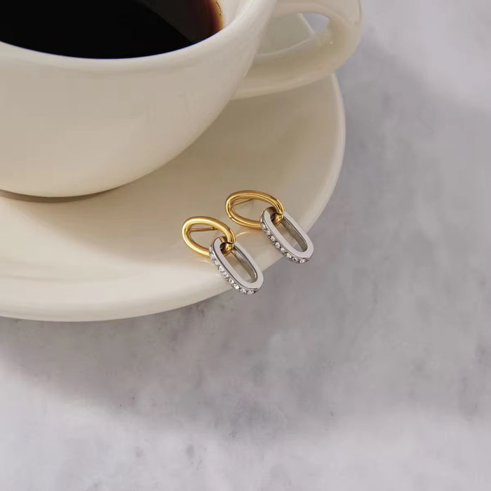 18K Real Gold-Plated Stainless-Steel Crystal Geometric Mixed Color Earrings for Women