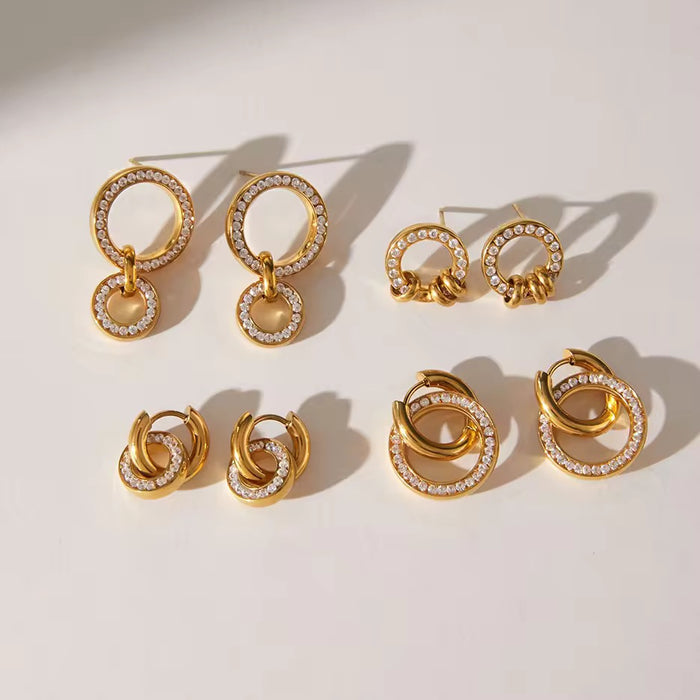 18K Real Gold-Plated Stainless-Steel Zircon Circle Earrings for Women