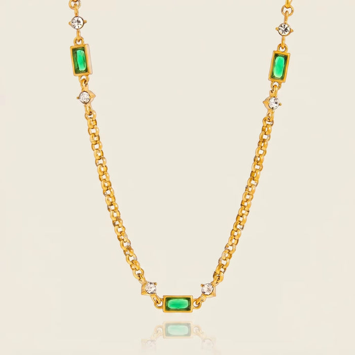 18K Real Gold-Plated Stainless-Steel Classic Emerald Charm Necklace for Women