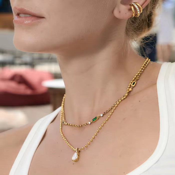18K Real Gold-Plated Stainless-Steel Classic Emerald Charm Necklace for Women