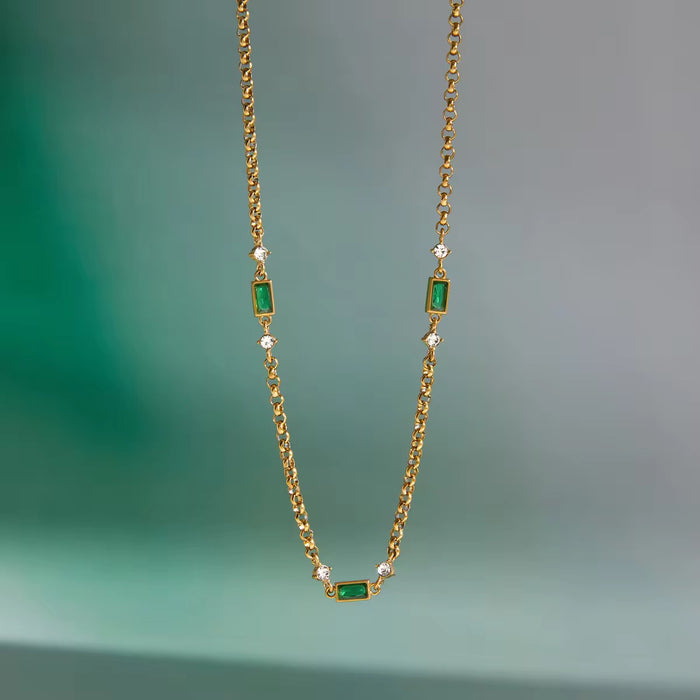 18K Real Gold-Plated Stainless-Steel Classic Emerald Charm Necklace for Women