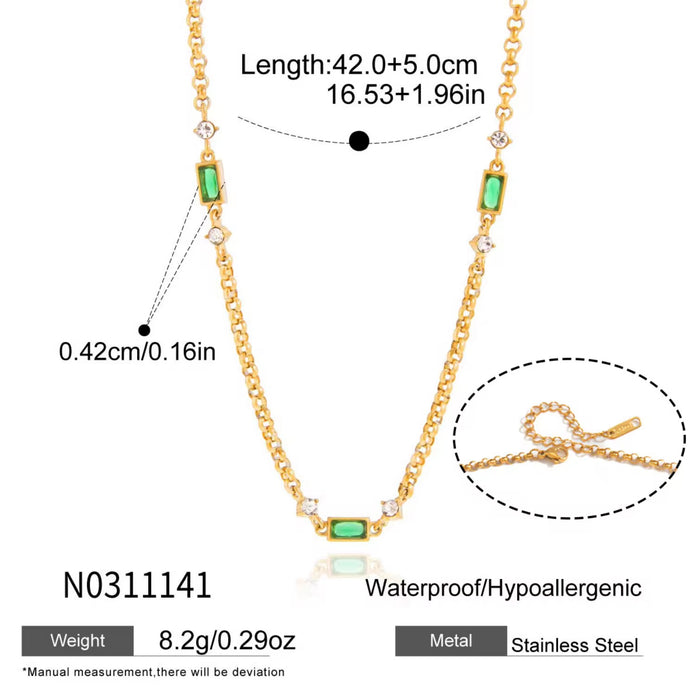 18K Real Gold-Plated Stainless-Steel Classic Emerald Charm Necklace for Women