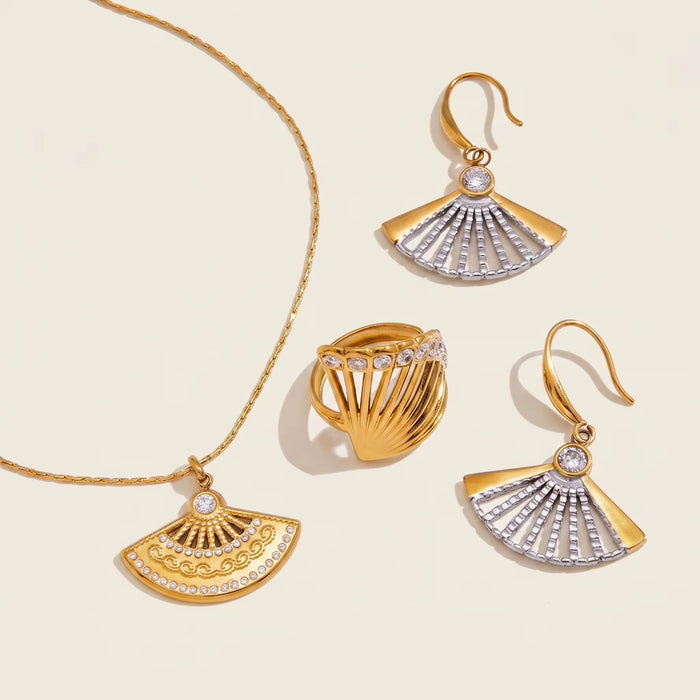 18K Real Gold-Plated Stainless-Steel Classic Elegant Necklace and Earrings Set for Women