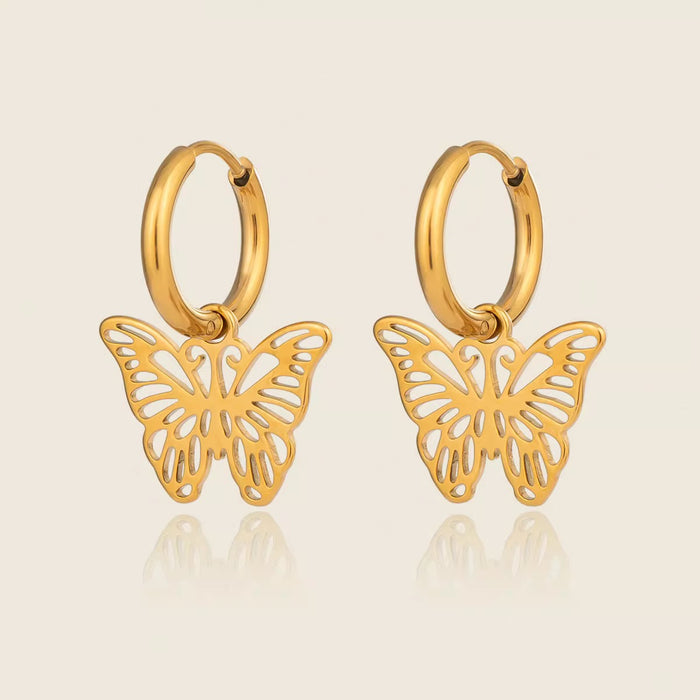 18K Real Gold-Plated Stainless-Steel Butterfly Hoop Earrings for Women