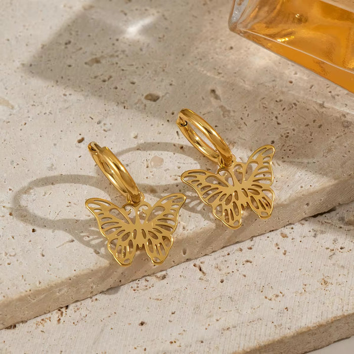 18K Real Gold-Plated Stainless-Steel Butterfly Hoop Earrings for Women