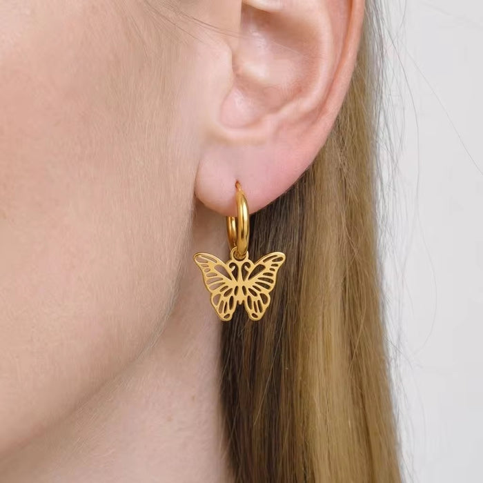 18K Real Gold-Plated Stainless-Steel Butterfly Hoop Earrings for Women