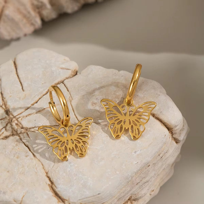18K Real Gold-Plated Stainless-Steel Butterfly Hoop Earrings for Women