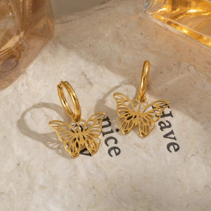 18K Real Gold-Plated Stainless-Steel Butterfly Hoop Earrings for Women