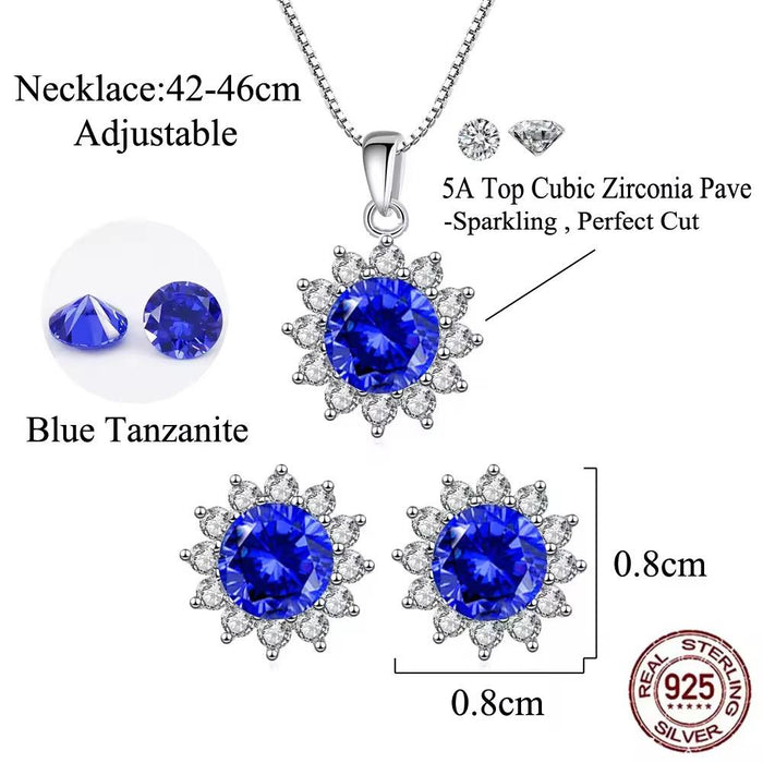 Blue Floral Cubic Zirconia Pave S925 Sterling Silver Pendant Necklace Earrings Jewelry Set for Women
