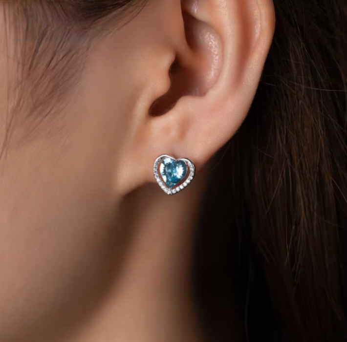 925 Sterling Silver Blue Zircon Heart Necklace Set