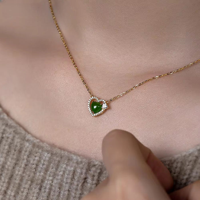 Luxury Heart Pendant Necklace - 925 Sterling Silver & 18k Gold Plated with Natural Jade