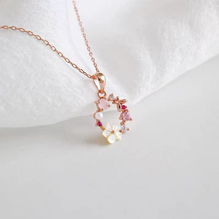 925 Sterling Silver Shell Pink Flower Zircon Necklace Hawaiian Style Romantic with Rhodium Plating 