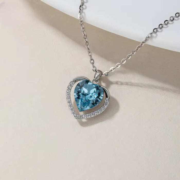 925 Sterling Silver Blue Zircon Heart Necklace Set
