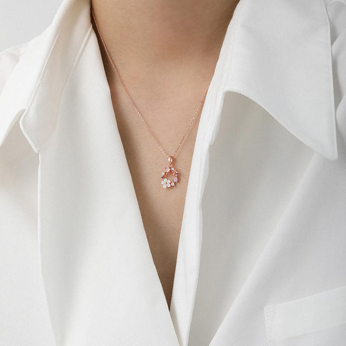 925 Sterling Silver Shell Pink Flower Zircon Necklace Hawaiian Style Romantic with Rhodium Plating 