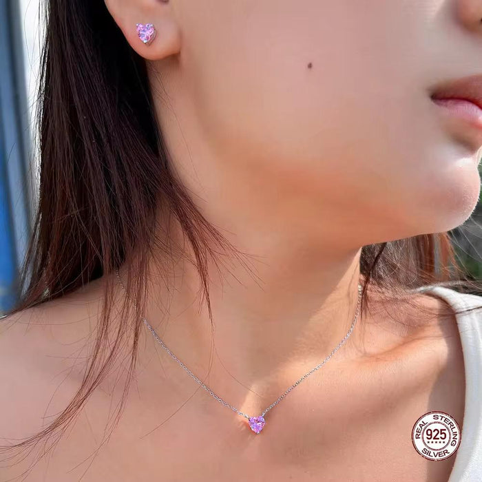 925 Sterling Silver Necklace Earrings Zirconia Pink Heart Jewelry Set for Women Everyday Wear Valentine's Day Gift