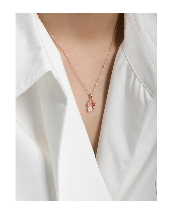 925 Sterling Silver Shell Pink Flower Zircon Necklace Hawaiian Style Romantic with Rhodium Plating 