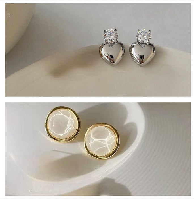 Pack of Silver Plated Smooth Elegance Heart-Shaped Earrings Women &  Retro French Style Water Wave Gold Plated Geometric Square Round Earrings