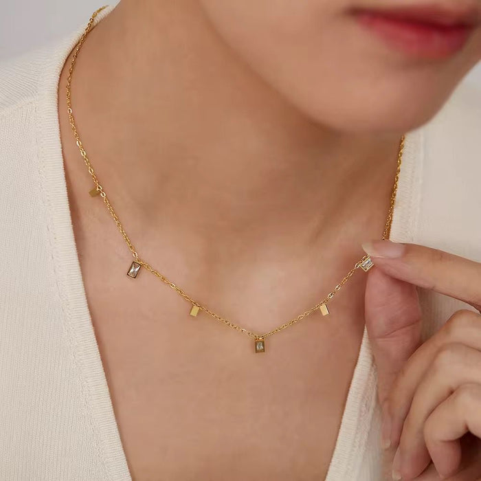 18k PVD Gold Plated Stainless Steel Waterproof Rectangular Waterdrop Diamond Necklace