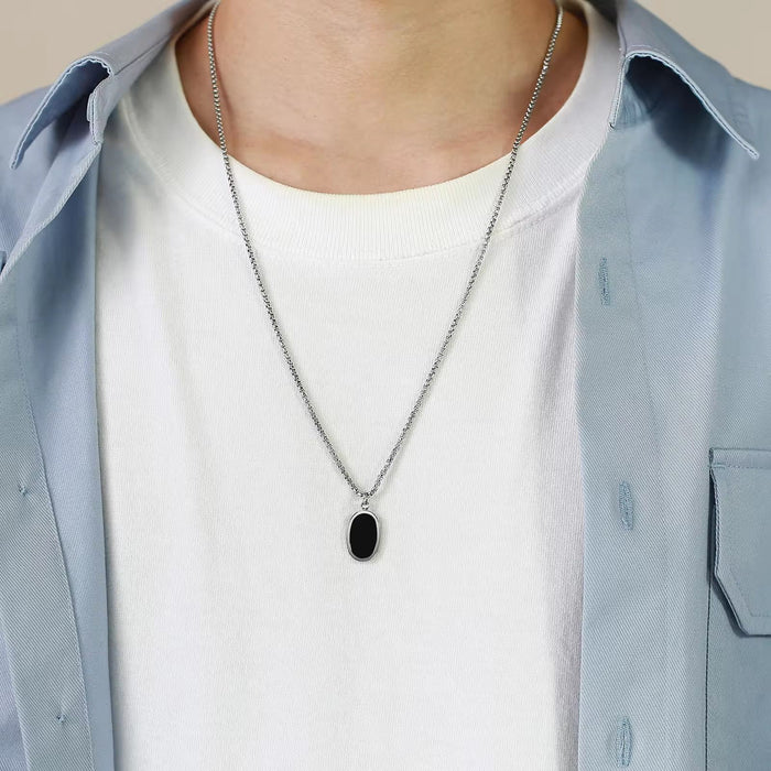 Minimalist Circular Elliptical Card Natural Stone Pendant Stainless Steel Men's Necklace