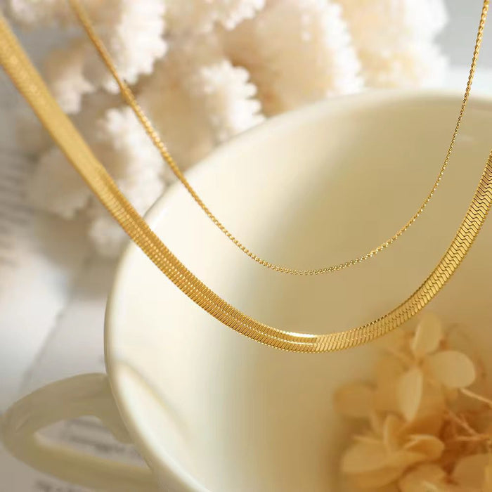 18K PVD Gold Plated Herringbone Rope Chain Layered Tarnish Free Necklace