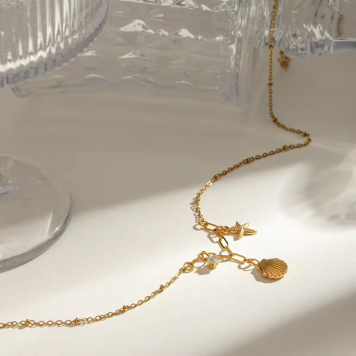18K PVD Gold Plated Ocean Style Shell Starfish Zircon Stainless Steel Necklace