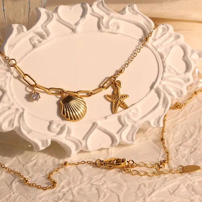 18K PVD Gold Plated Ocean Style Shell Starfish Zircon Stainless Steel Necklace