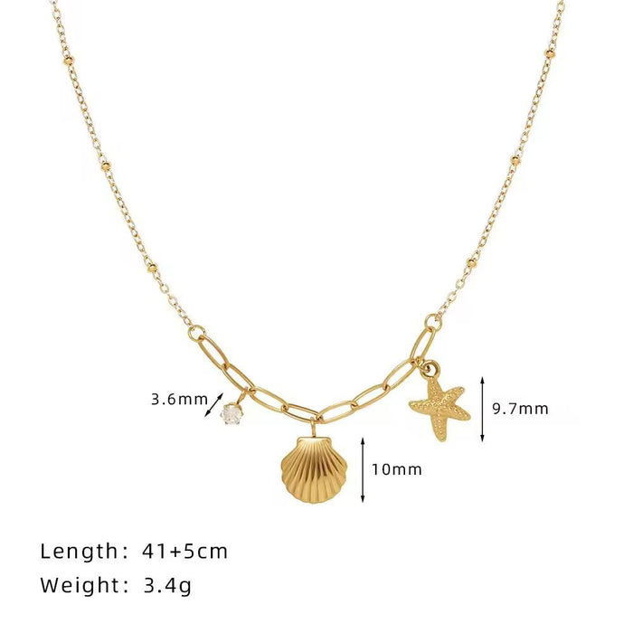 18K PVD Gold Plated Ocean Style Shell Starfish Zircon Stainless Steel Necklace