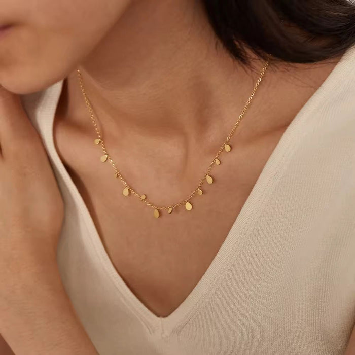 18K PVD Gold Plated Women's Collarbone Necklace Round Small Drop Pear Pendant Necklace