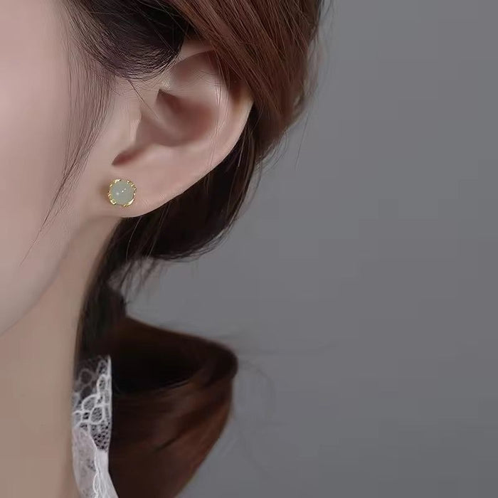 925 Sterling Silver Green Hotan Jade Small Earrings