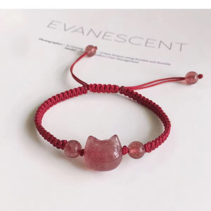 Simple Black Red Lucky Cat Head Bracelet for Women Men Cute Animal Kitten Hand Braided Adjustable Charm Bracelets & Water Lilly Beaded Bracelet (Pack of 2)