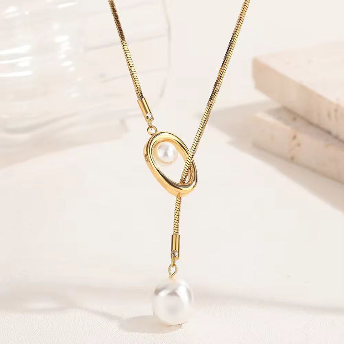 Gold Plated Pearl Pendant Causal Long Sweater Chain Style Necklaces