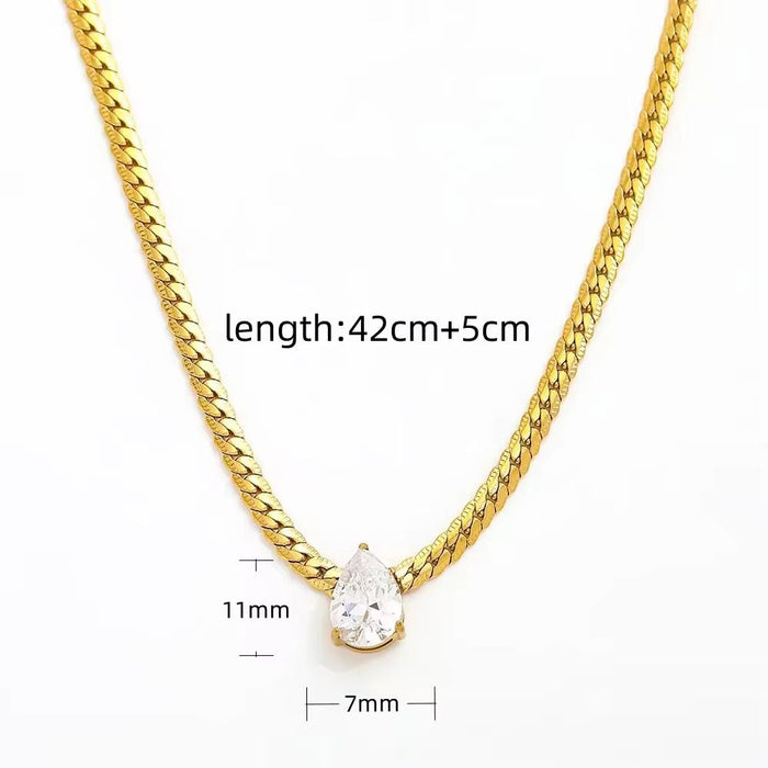 18K PVD Gold Plated Luxury Waterproof Stainless Steel Waterdrop Droplet Shaped Zircon Pendant Chain Necklace