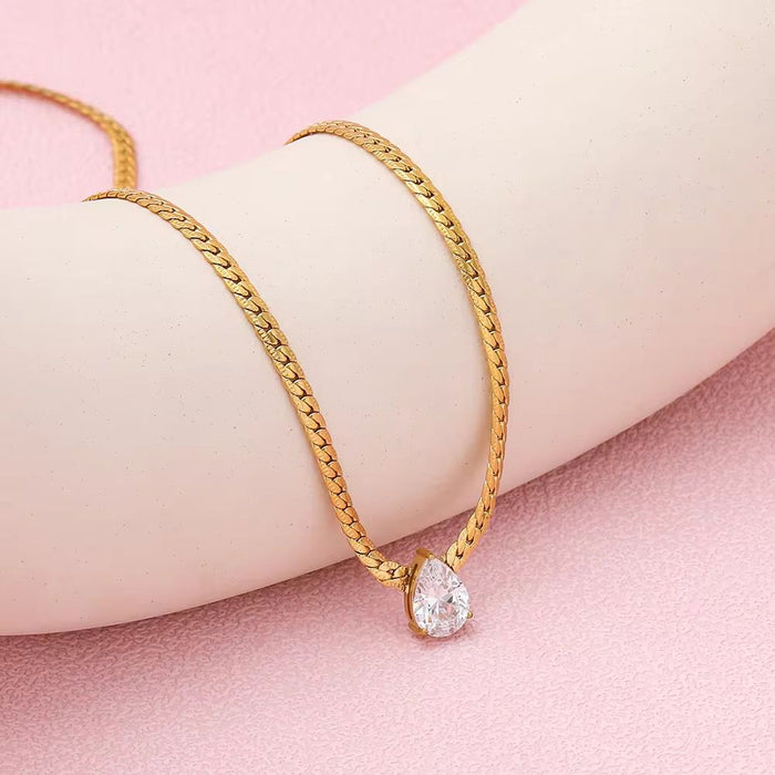 18K PVD Gold Plated Luxury Waterproof Stainless Steel Waterdrop Droplet Shaped Zircon Pendant Chain Necklace