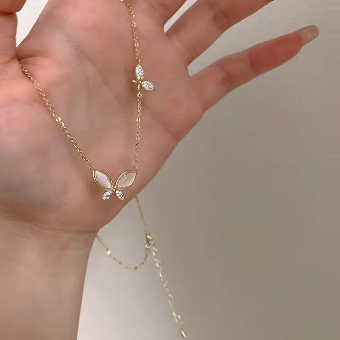18K PVD Gold Plated Light Luxury Zircon Opal Stone Butterfly Pendant Choker Necklace for Women