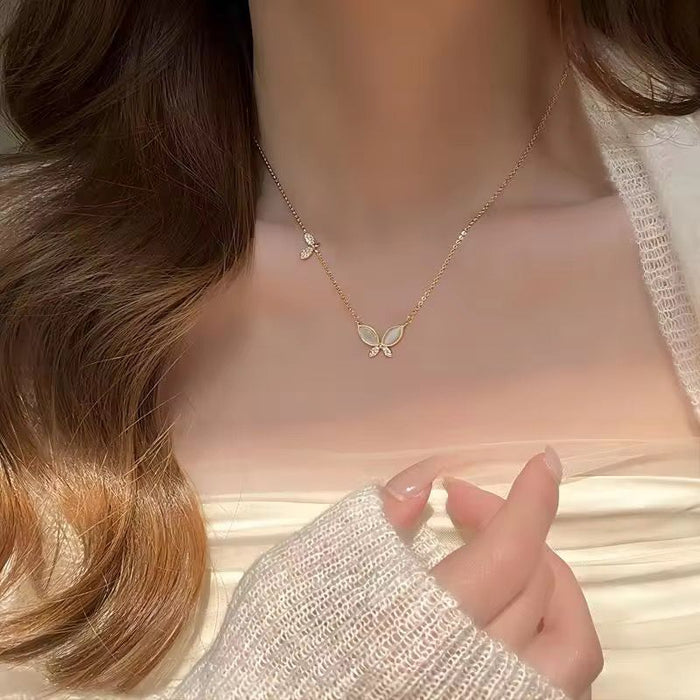 18K PVD Gold Plated Light Luxury Zircon Opal Stone Butterfly Pendant Choker Necklace for Women