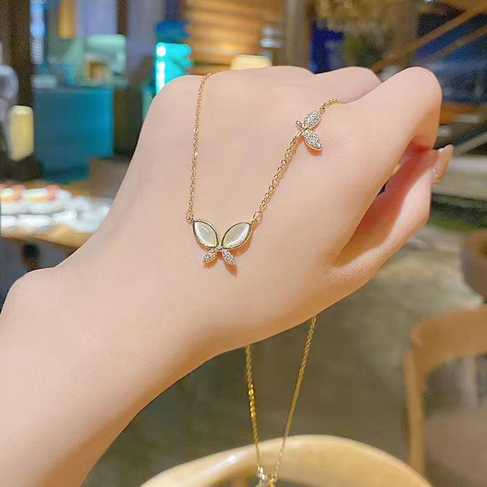 18K PVD Gold Plated Light Luxury Zircon Opal Stone Butterfly Pendant Choker Necklace for Women