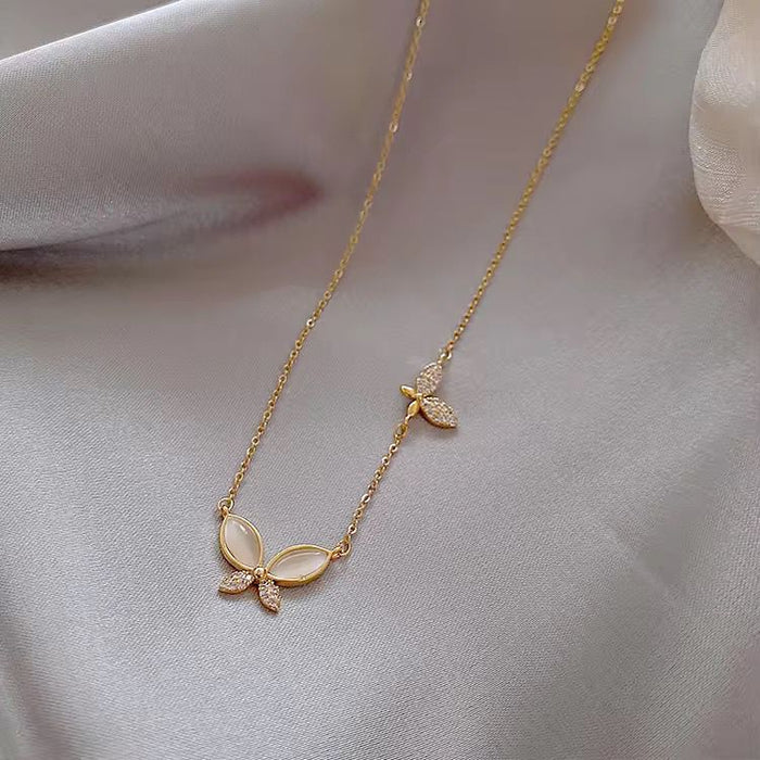 18K PVD Gold Plated Light Luxury Zircon Opal Stone Butterfly Pendant Choker Necklace for Women