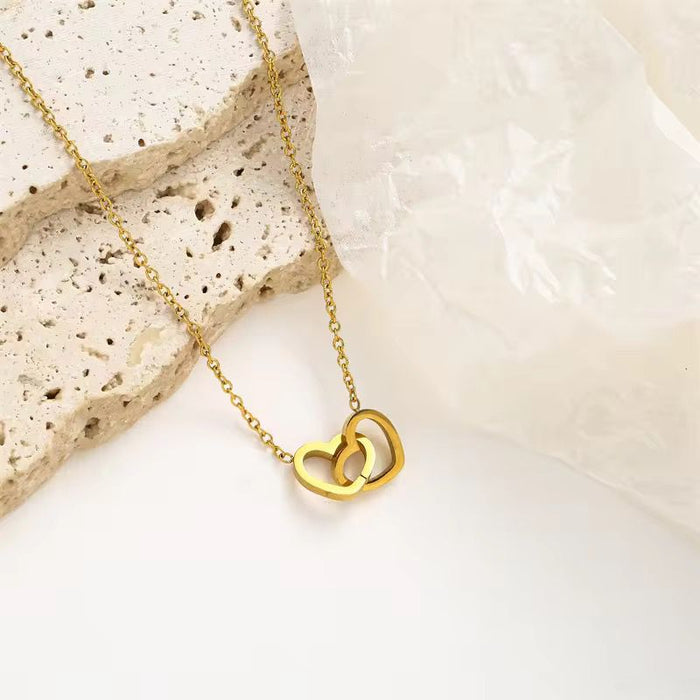 18K Real Gold-Plated Double Heart Ring Pendant Necklace for Women